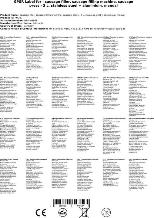 Image du produit Ich-zapfe Embossoir à saucisses, machine à embossage, presse à saucisses - 3 L