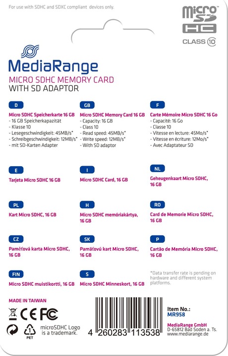Produktbild MediaRange MR958 memory card MicroSDHC Class 10 (16 GB, microSDHC, U3, UHS-I)