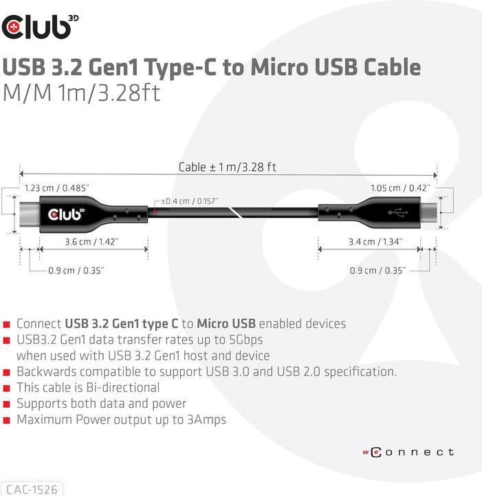 Actual product image Club 3D USB C – USB Micro B (1 m, USB 2.0, 10 W)