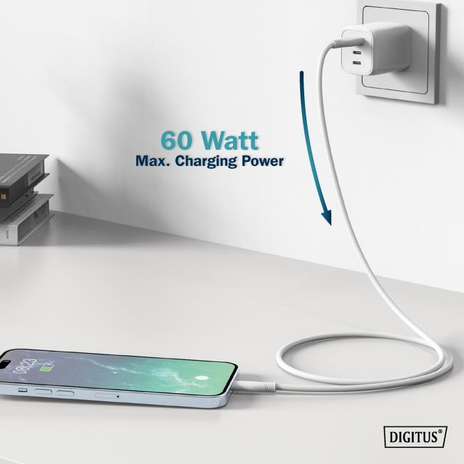 Produktbild Digitus USB-C Silikon Anschlusskabel, 0,5m, weiss (0.50 m, USB 2.0, 60 W)