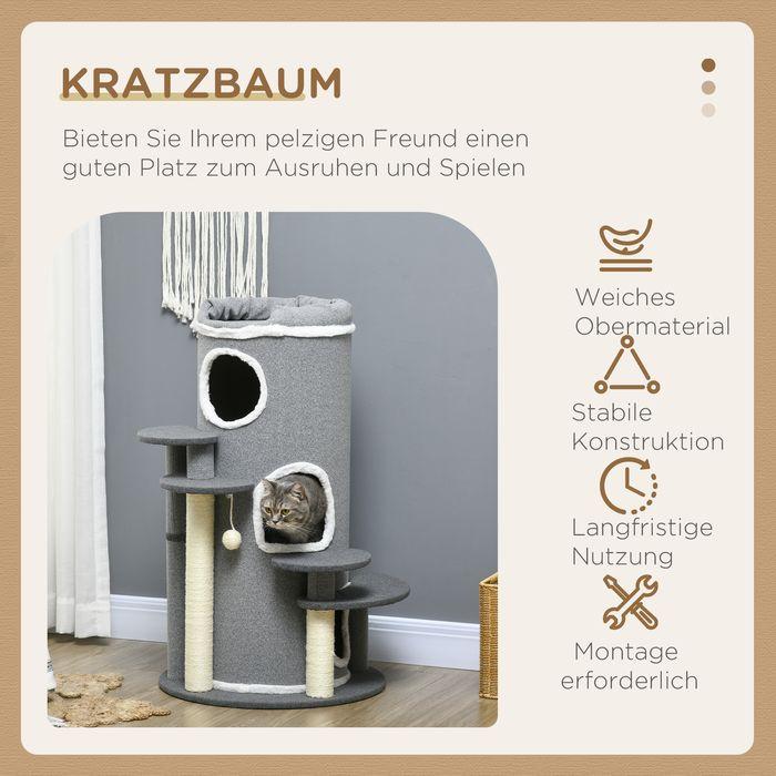 Produktbild Swisshandel24 Katzen Kratztonne 99 cm Spieltonne mit Katzenbett, Spielball & Plattformen, Katzenmöbel, Grau (99 cm, Grau)