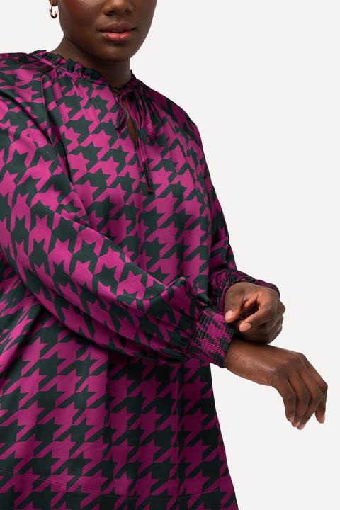 Produktbild Ulla Popken Satinbluse, Hahnentrittmuster, Boxy, Rundhals, Langarm (50, 52)