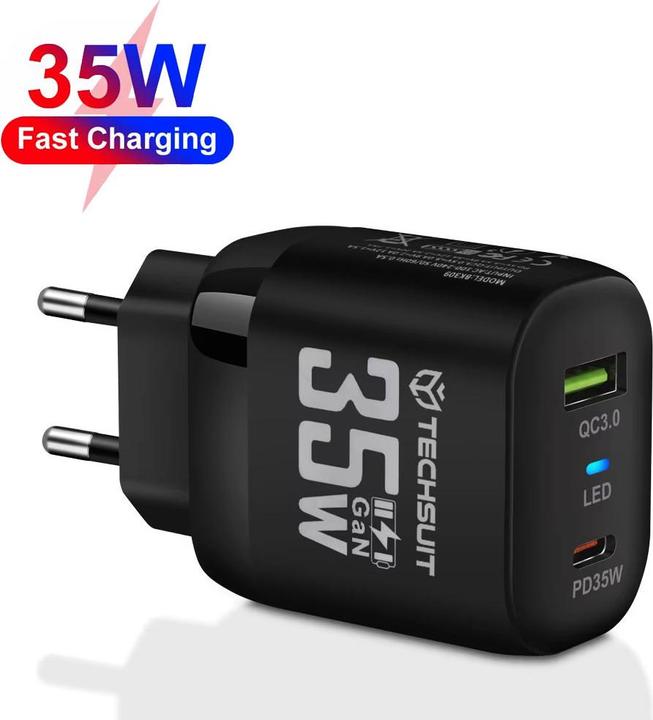 Techsuit - Premium Wall Charger (CHPD174) - GaN, USB QC3.0, Type-C PD35W - Black (35 W)