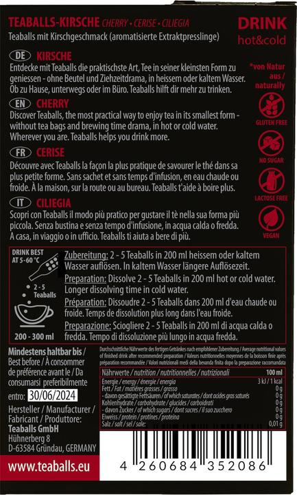 Nutritional values and ingredients Teaballs Cherry Black Selection 30-75 cups (72 g)