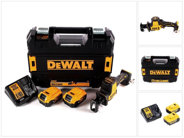 1x DeWalt DCS369 cordless reciprocating saw, 1x TSTAK case, 2x DeWalt 4.0Ah battery, 1x DeWalt charger