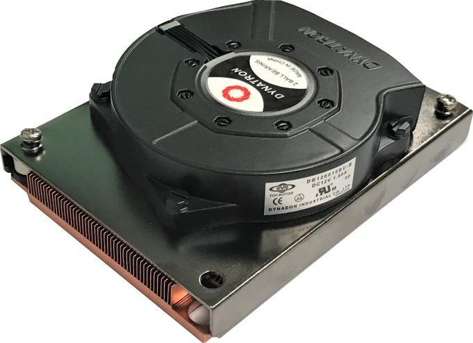 Actual product image Dynatron Intel CPU cooler 1U B3 LGA3647 narrow 56x95 copper heatsink with skived fins active with PW