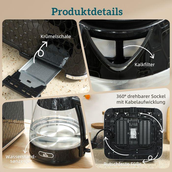 Produktbild Swisshandel24 1,7L 2200W Schnellkoch-Wasserkocher und 4-Scheiben-Toaster-Set mit Kalkfilter, Schwarz (1.70 l)