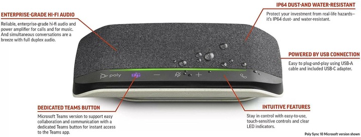 Actual product image Poly HP Sync 10-M Microsoft Teams Certified Speakerphone, PC, Silver, 0.715 m, IP64, Windows 10, 100
