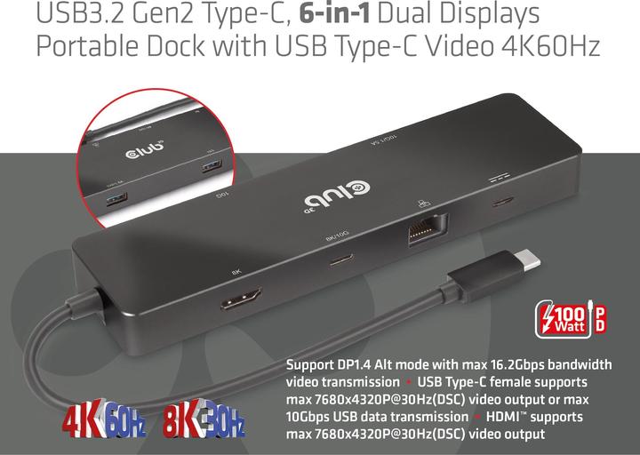 Actual product image Club 3D Club3D USB-C Dock > HDMI/USB-C(8K)/2xUSB/USB-C(PD100W)/RJ45 retail (USB-C, 6 ports)