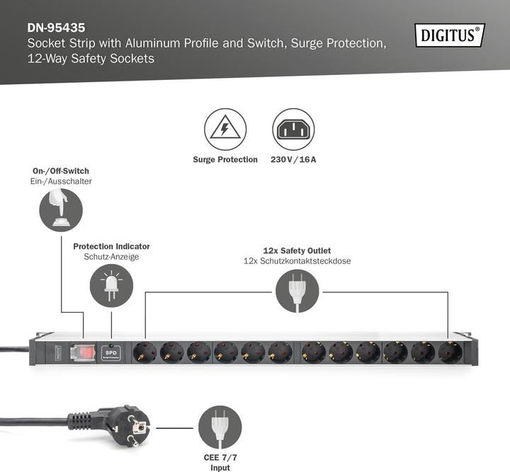 Produktbild Digitus Steckdosenleiste mit Aluminiumprofil mit Schalter und Überspannungsschutz, 12-fach Schutzkontaktste (12 x, CEE 7/3, 2 m)