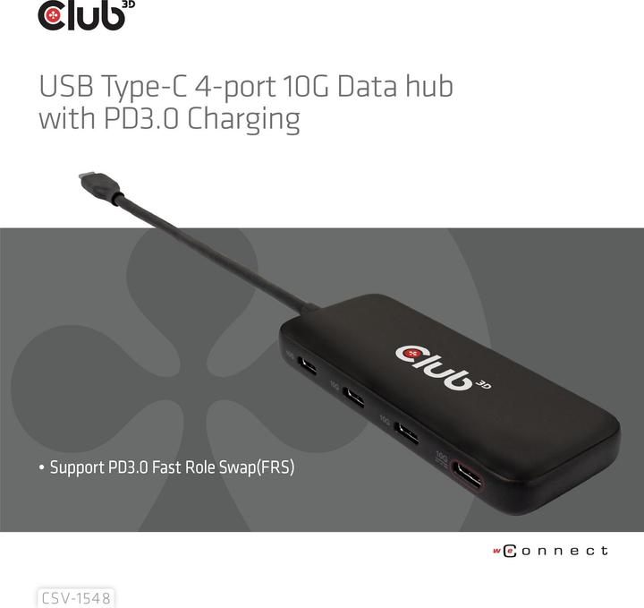 Produktbild Club 3D Club3D USB-Hub Typ C > 4x USB Typ C 10Gbps + 100W PD St/Bu retail (USB-C, 4 Ports)