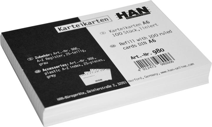 Han Index cards A6 lined white PU=100 pieces (A6, 170 g/m², 100 x)