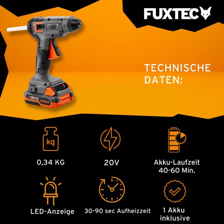Image du produit Fuxtec Pistolet à colle sans fil 20V FX-E1GG20 SET - avec 1x batterie 2Ah, 1x chargeur 2.4A