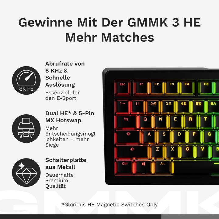 Actual product image Glorious GMMK 3 HE 100 % Custom Gaming Keyboard - Pre-Built, ISO (DE), Fox HE Switches, black (DE, Cable)
