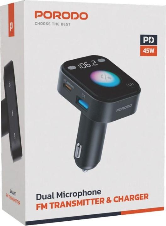 Actual product image Porodo Bluetooth FM transmitter with voice command - Black