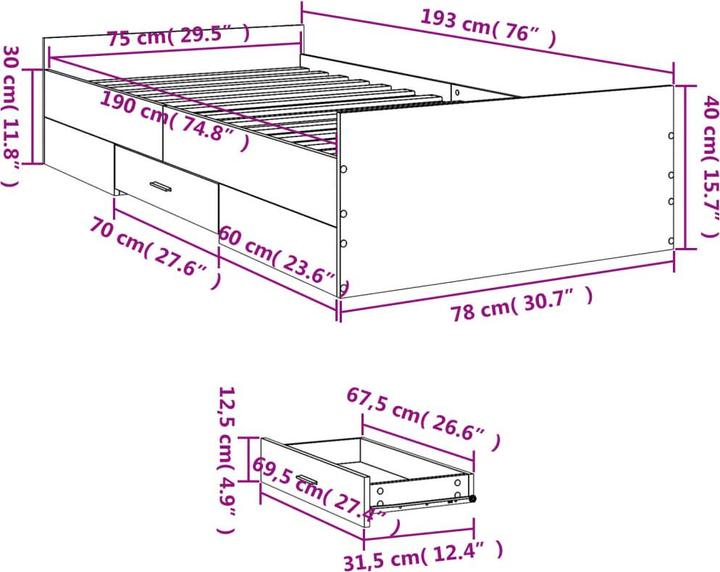 Image du produit VidaXL Cadre de lit avec tiroirs (75 x 190 cm)
