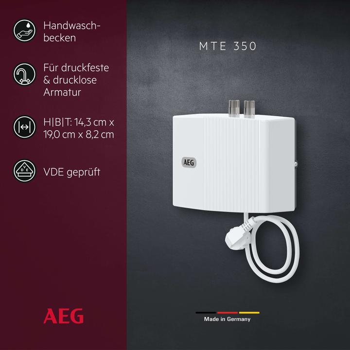 Produktbild AEG Haustechnik MTE 350 Elektronischer Klein-Durchlauferhitzer nur fürs Handwaschbecken, 3,5 kW, mit Stecker, VDE