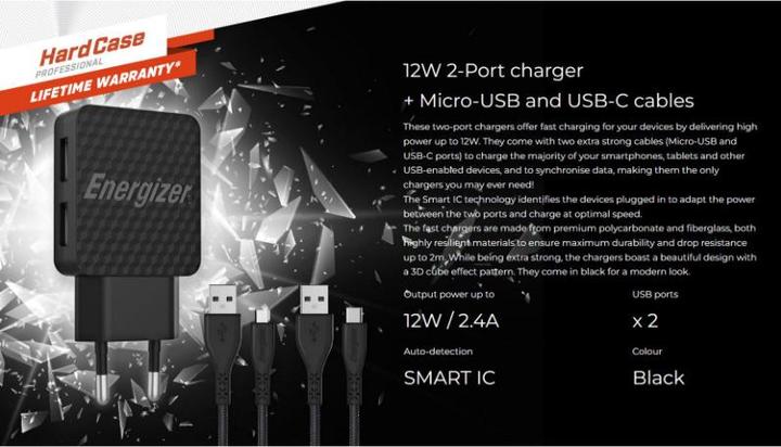 Produktbild Energizer Lifetime Wall Charger USB-C + Micro-USB Cable (2m) black (12 W)