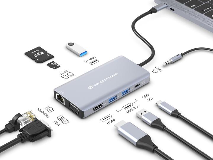 Produktbild Conceptronic Dock USB-C->HDMI,USB3.0,100WPD 0.25m (USB-C, 10 Ports)