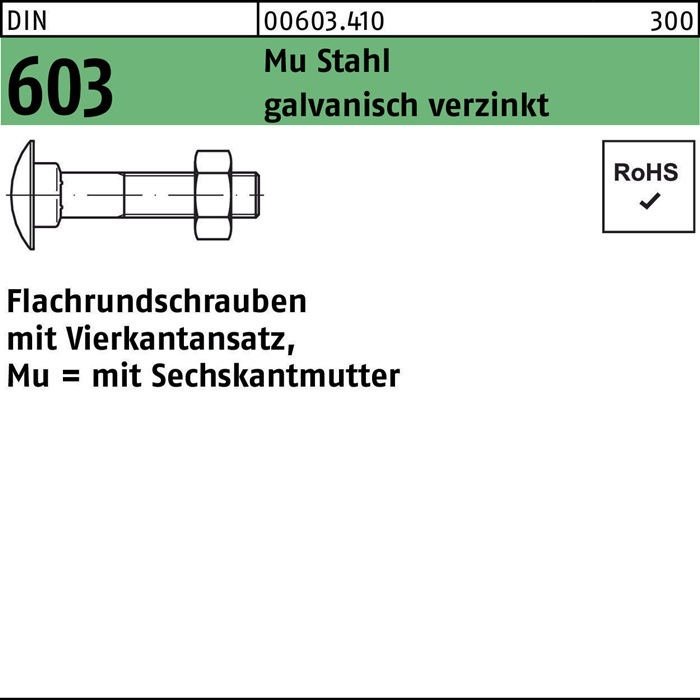 Produktbild Flachrundschraube DIN 603 m.Vierkantansatz/6-kantmutter M 5 x 30 Mu Stahl 4.6 galvanisch verzinkt (500 Schrauben pro Stück)