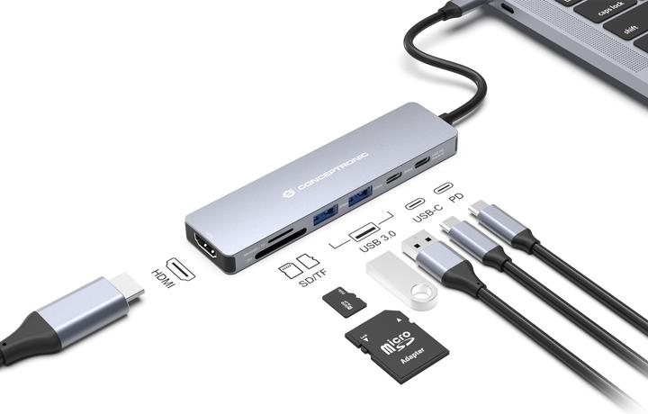 Actual product image Conceptronic 7-1 Dock USB-C->HDMI/USB-C/2xUSB-A/+ 25cm gr (USB-C, 7 ports)