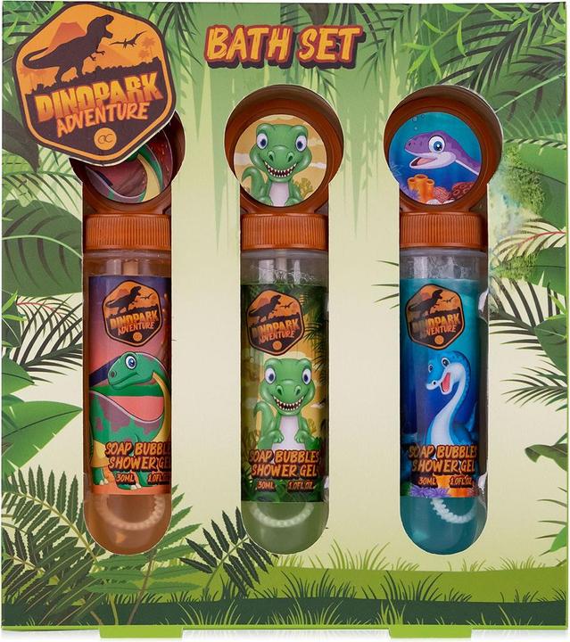 Accentra Set de bain DINOPARK ADVENTURE en boîte cadeau, incluant 3 x 30ml de gel douche à bulles, parfum : (Kit de soins capillaires)