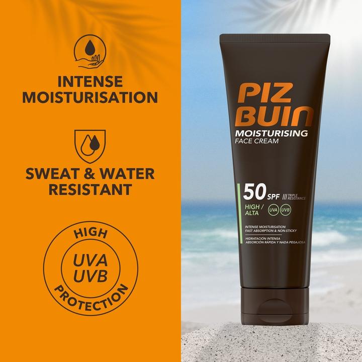 Actual product image Piz Buin Moisturising Face Cream SPF 50 - Intense Moisturisation and Advanced UVA/UVB Protection (Sun cream face, SPF 50, 50 ml)