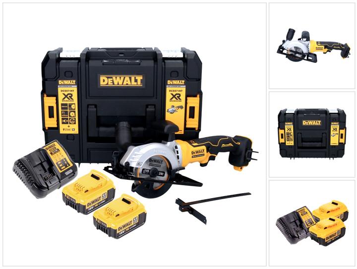 2x Dewalt DCB 182 18 V 4 Ah Li-Ion battery, 1x Dewalt DCB charger, 1x DeWalt DCS 571 cordless circular saw, 1x DeWalt TSTAK