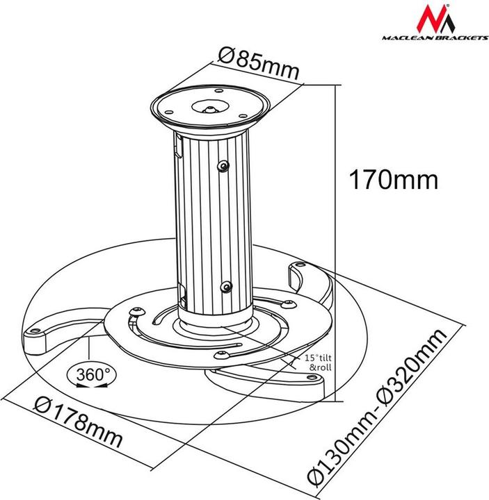 Image du produit Maclean MC-515 Universal Ceiling Mount for Projector 10 kg (Plafond)