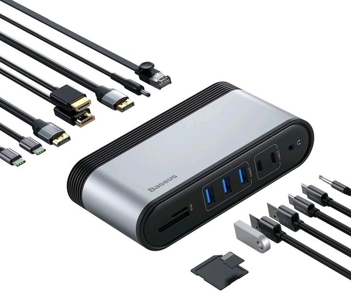 Actual product image Baseus Working Station Four-Screen Multifunctional Type-C HUB AdapterUS+EU+UK)Dark gray (USB-C, 16 ports)