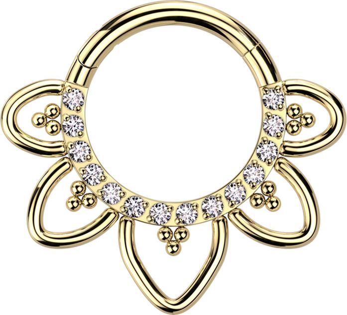 Produktbild Star Piercing Micro Segmentring klappbar vergoldet front Kristalle silber filigrane Herzen (ohne Messing, Titan)