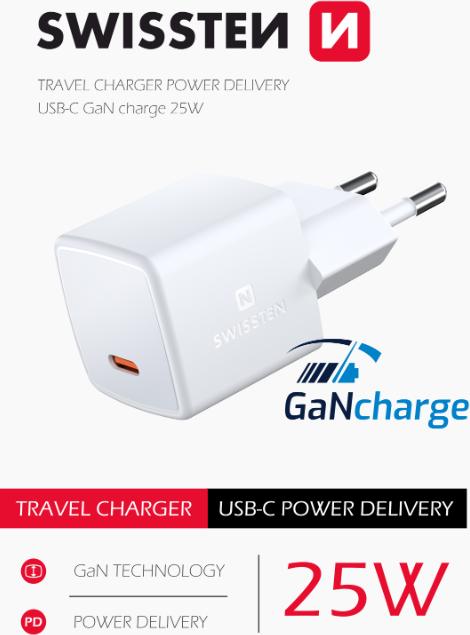 Produktbild Swissten GaN Travel Charger USB-C 25W Power Delivery (25 W)