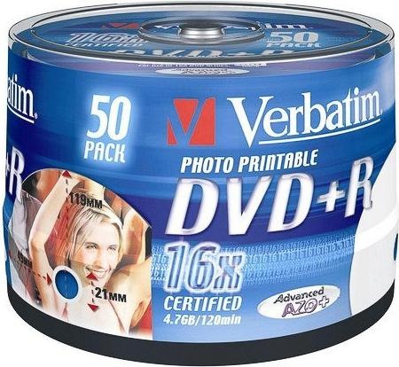 Produktbild Verbatim DVD+R, 16x, 4.7GB, 50er Spindel, bedruckbar (50 x)
