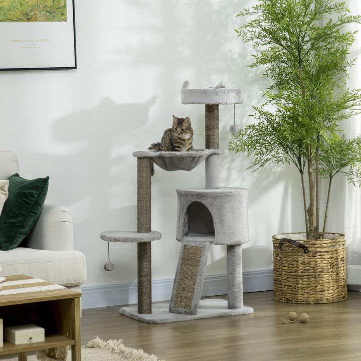 Produktbild PawHut Kratzbaum mit Katzenhöhle (113 cm, Grau, Hellgrau)