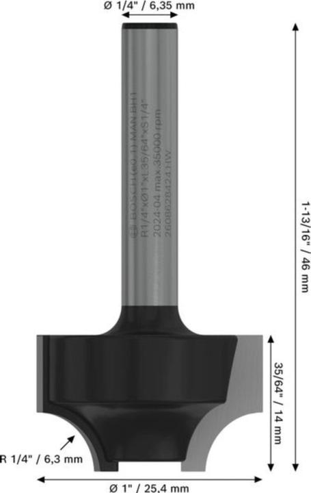 Produktbild Bosch Professional Zubehör Kantenformfräser E, 1/4-Zoll, R1 6,3 mm, D 25,4 mm, L 14 mm, G 46 mm
