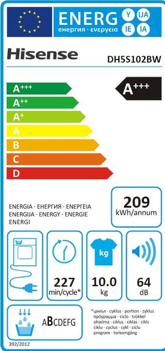Label énergétique Hisense DH5S102BW (10 kg, Modifiable)