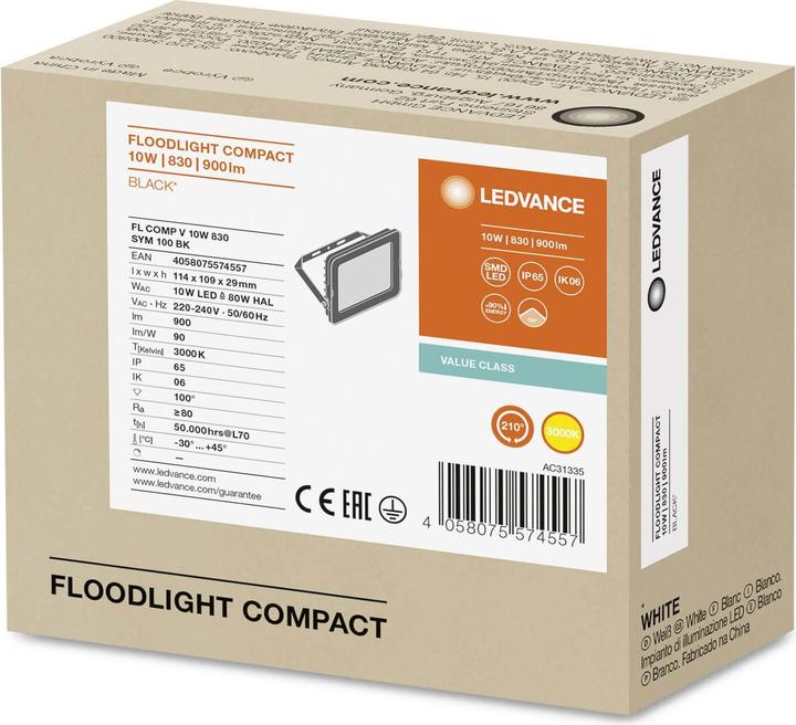 Actual product image Ledvance Floodlight Compact Value 900lm 10W 830 IP65 sort (900 lm, IP65)