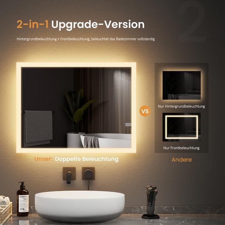Produktbild Emke Badezimmerspiegel mit Beleuchtung 100*60cm,Beschlagfrei, 3000K/6500K,Tast Schalter (100 x 60 cm)