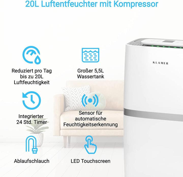 Produktbild KLAMER Luftentfeuchter 25L, 195m³ Luftumwälzung pro Stunde, 420W Entfeuchter, 5.5L Tank (35 m², 25 l/24h)