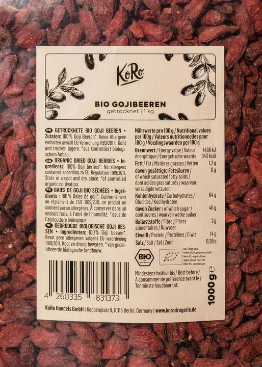 Nutritional values and ingredients KoRo Organic Goji Berries (1000 g)