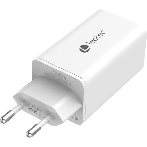 Leotec Cargador 65w Gan Carga Rapida 2 USB Tipo-C Pd 1 USB-A Blanco (65 W), Alimentatore per notebook, Bianco