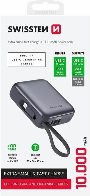 Actual product image Swissten Power Bank 10000 Mah with Built-In Cables USB-C and Lightning Space Silver (10000 mAh, 22.50 W, 37 Wh)