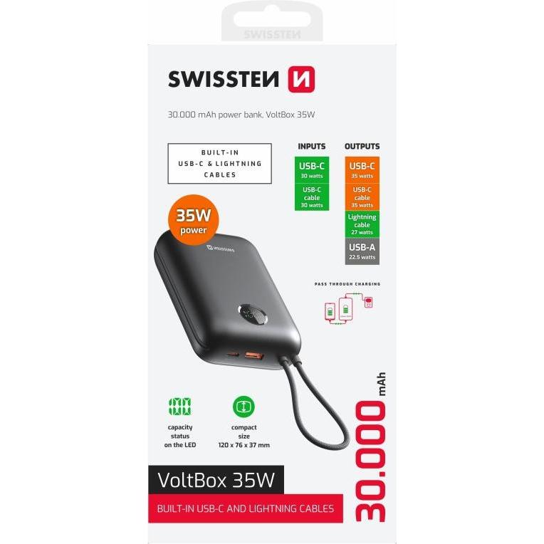 Thumbnail - Swissten Power Bank Voltbox 35w 30000 Mah with Built-In Cables USB-C and Lightning Black (30000 mAh, 35 W, 35 Wh), Power...