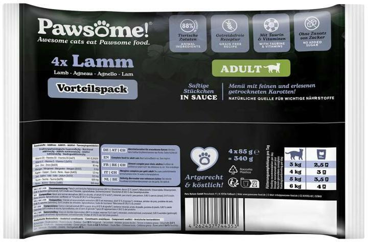 Actual product image Pawsome Adult Lamm 85gx4, Flowpack (Adult, 15 pcs., 340 g)