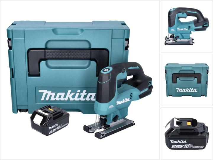 1x Makita DJV 184 cordless pendulum action jigsaw, 1x plastic sliding block, 1x jigsaw blade B-50 wood, 1x Makita BL 1830 B 18 V 3.0 Ah rechargeable battery, 1x Makita Makpac case, 1x universal insert, without charger