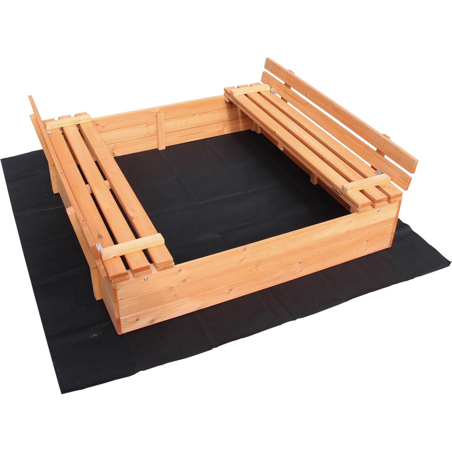 Wiltec Sandkasten mit Deckel 2 Sitzbänke 98x98x21cm Sandkiste Holz Sandbox Vliesboden