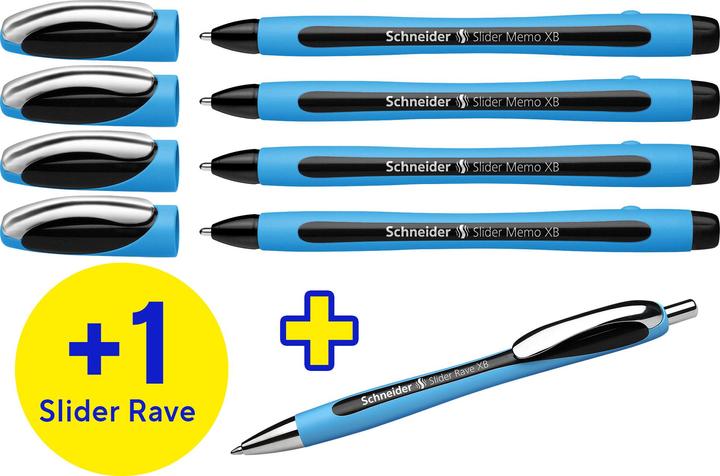 Schneider AKTION: Kugelschreiber Slider Memo blau, Schreibfarbe: schwarz, 4 St. + GRATIS K (Recharger, Noir)