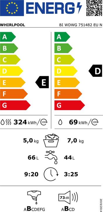 Energie-Label Whirlpool BI WASHING MACHINE BI WDWG 751482 EU N (7 kg, Links)