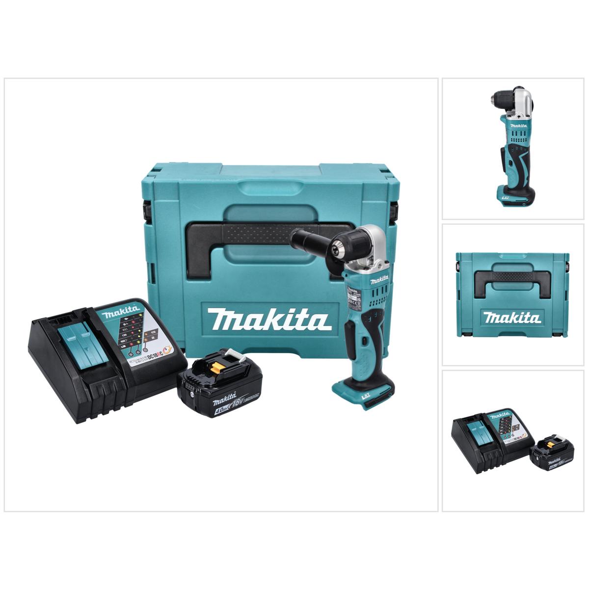 Makita, Bohrmaschine + Akkuschrauber, DDA 351 RM1J Akku Winkelbohrmaschine 18 V 13,5 Nm + 1x Akku 4,0 Ah + Ladegerät + M...