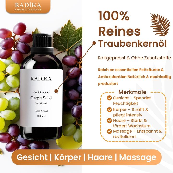 Produktbild Radika Traubenkernöl, Kaltgepresst, 100% Rein, BIO, natürlich, 100 ml (Körperöl, 100 ml)